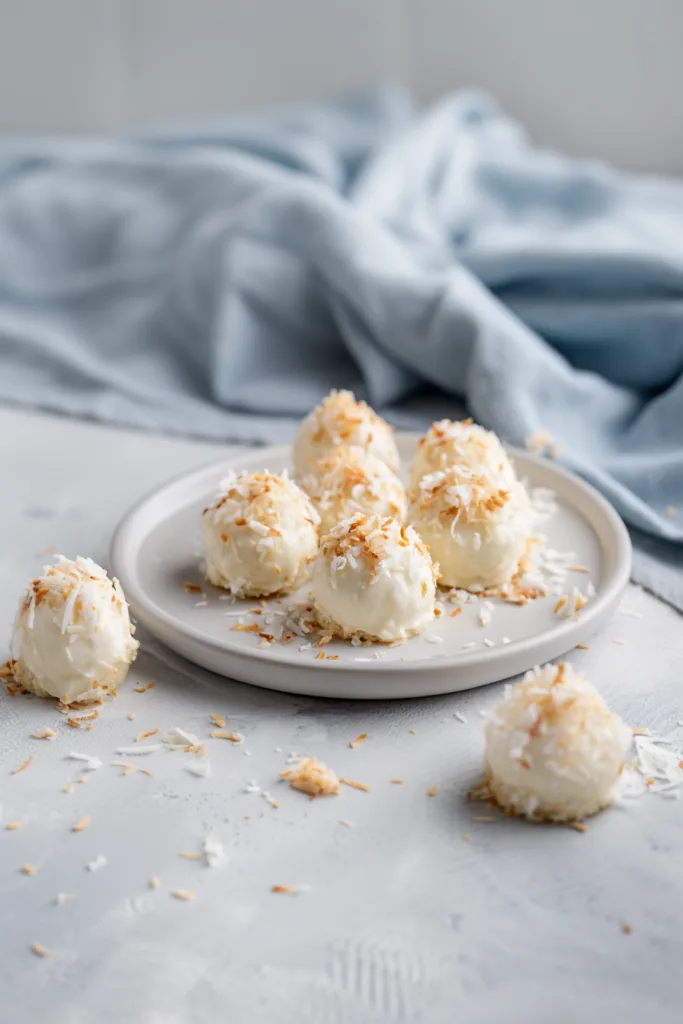 Neatly arranged round treats with golden coconut garnish against a soft blue background