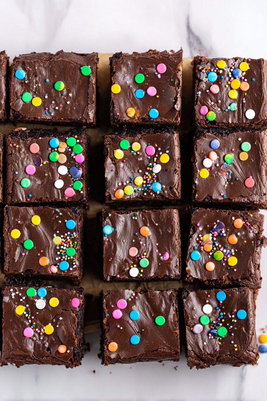 Freshly cut brownies showing fudgy texture, decorated with rainbow sprinkles for a festive look.