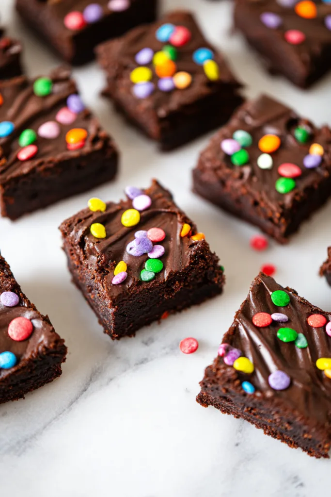 Squares of rich chocolate brownies topped with colorful sprinkles, arranged neatly on a marble surface.
