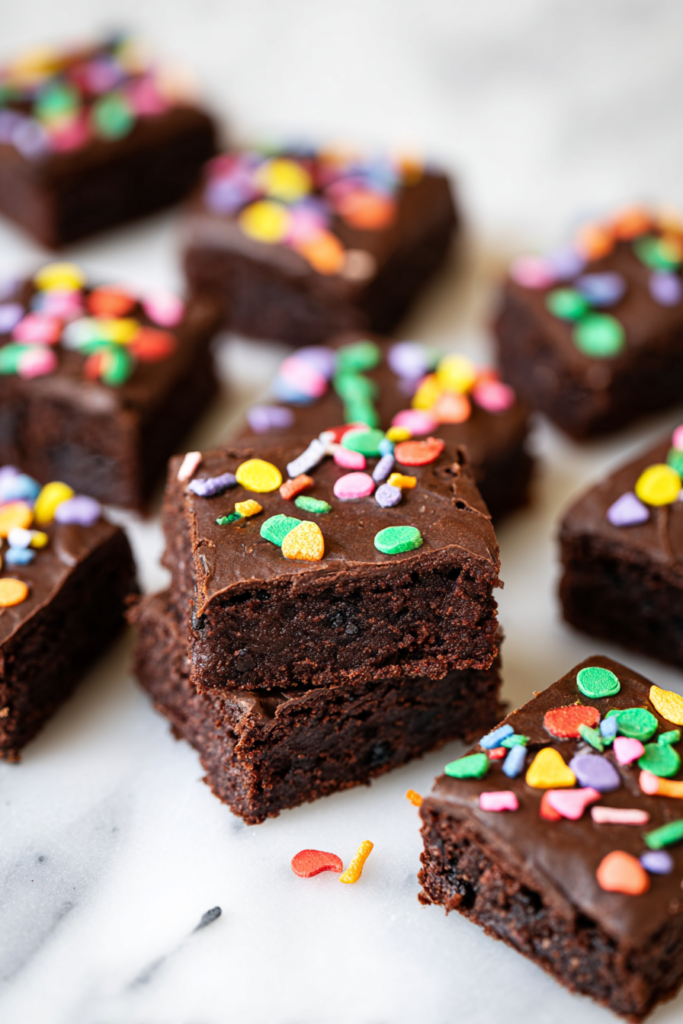 Dark chocolate dessert squares with smooth icing, accented by bright pops of color from sprinkles.