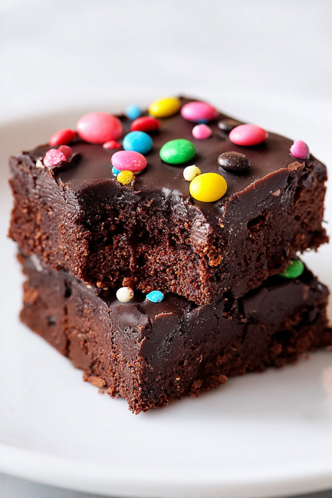 Close-up of moist, dense brownies with glossy frosting and vibrant candy pieces scattered on top.
