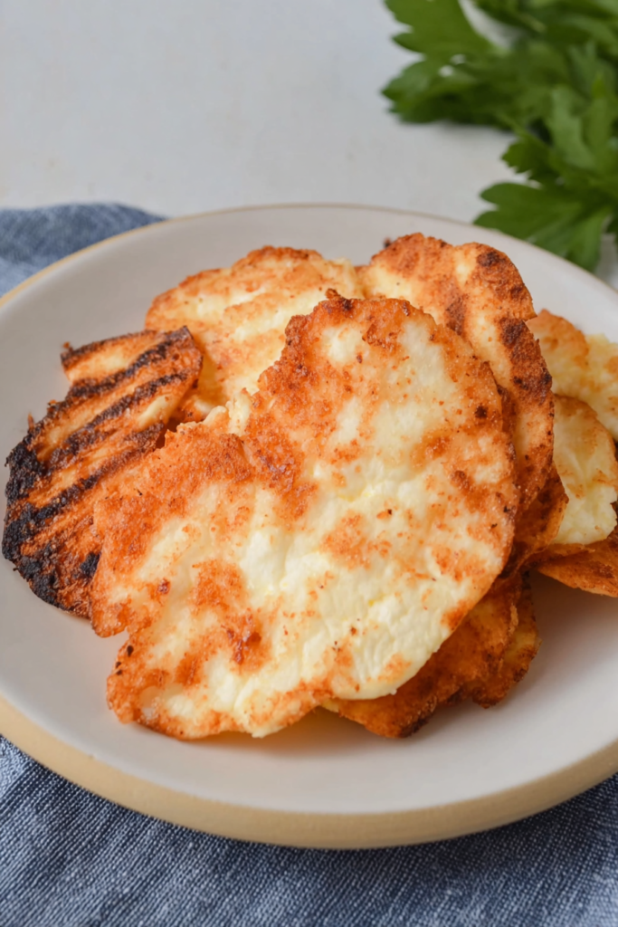 Thin, crisp rounds arranged neatly on a blue cloth for serving