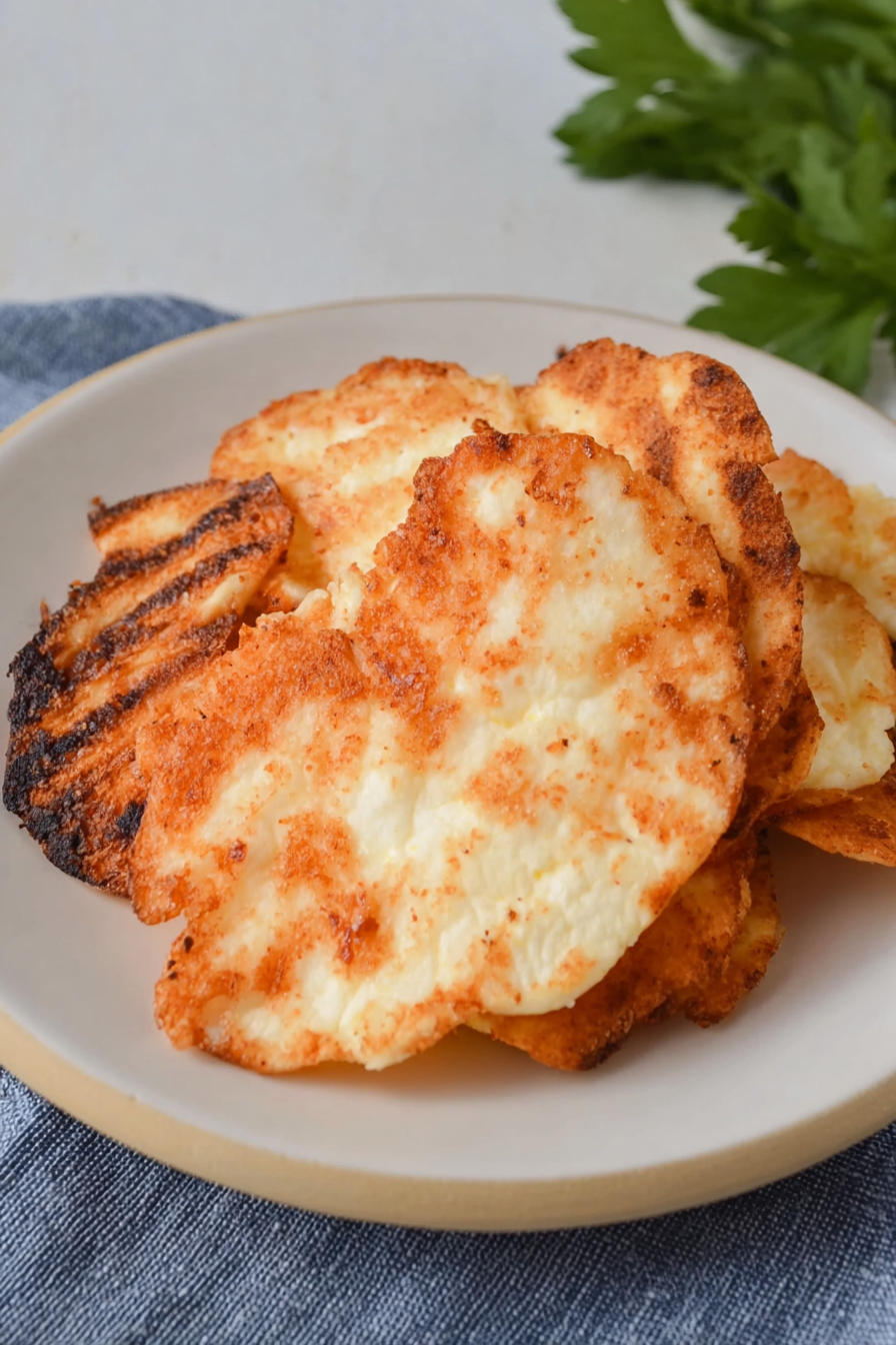Thin, crisp rounds arranged neatly on a blue cloth for serving