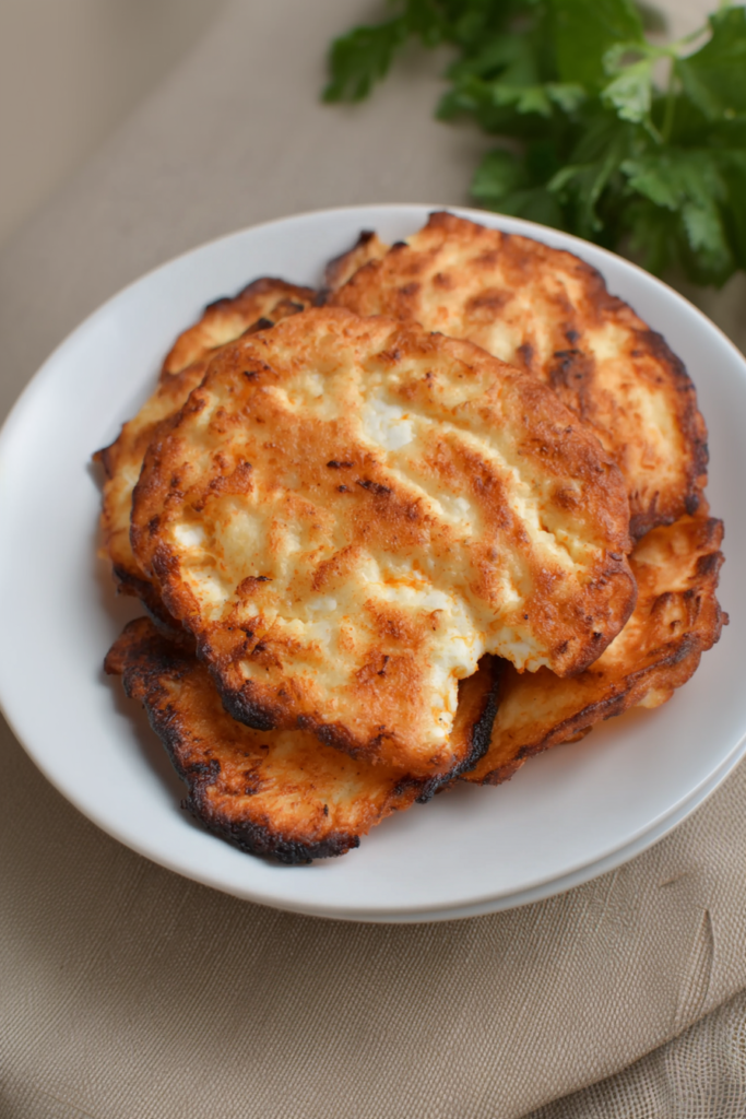 Golden, crispy chips piled on a serving plate with fresh herbs in the background