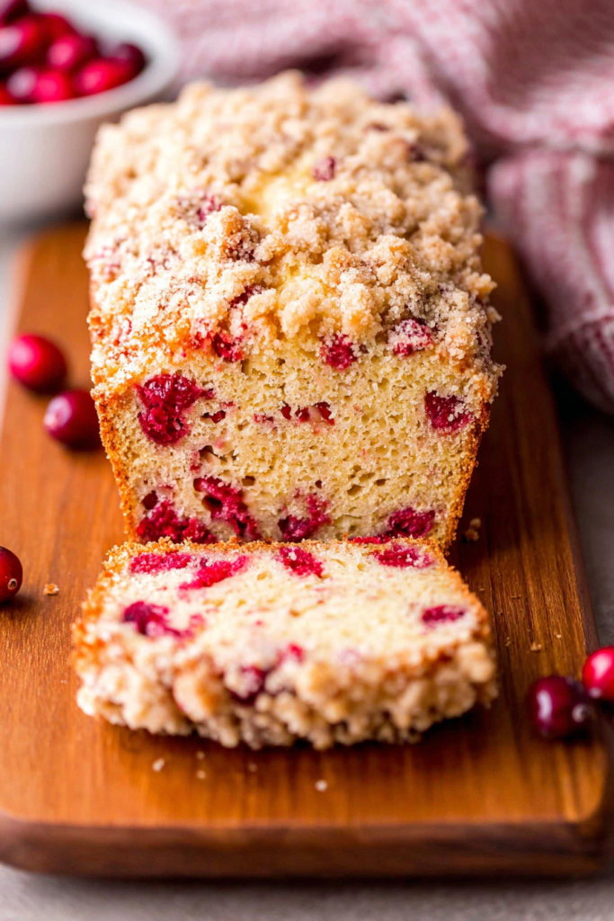 Golden loaf of cranberry-studded bread with a sweet crumble topping, perfect for breakfast or dessert.