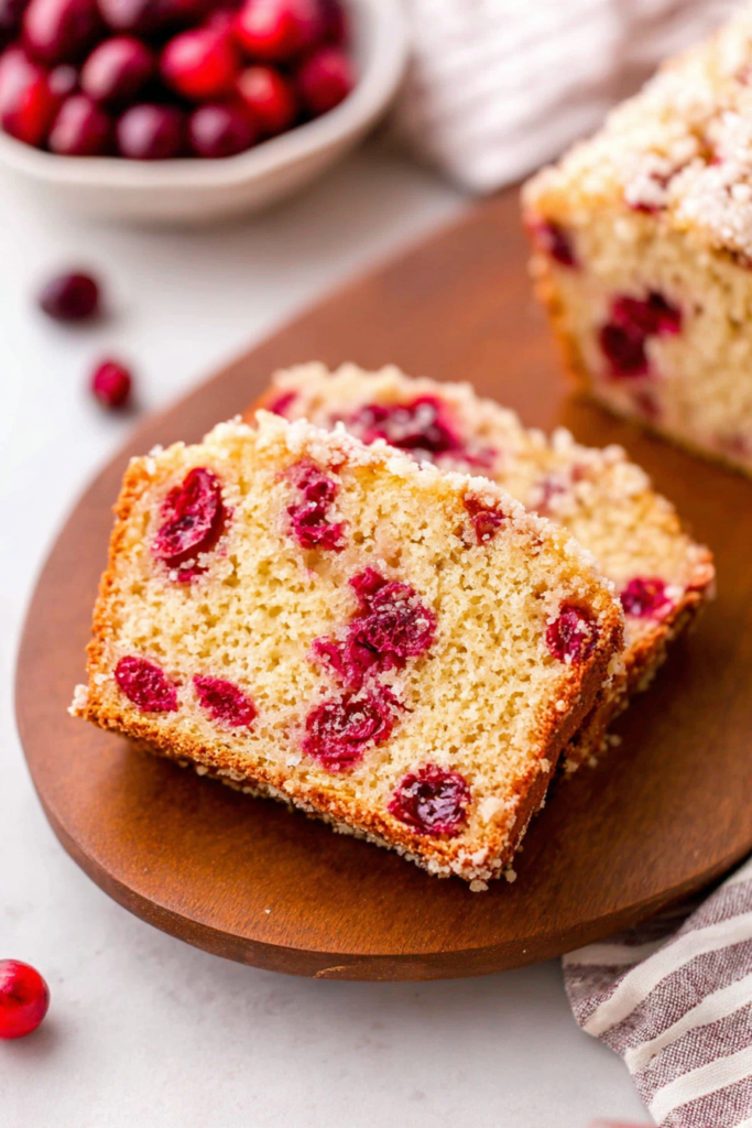 Moist cranberry quick bread with crumb topping, served sliced and photographed in natural light.