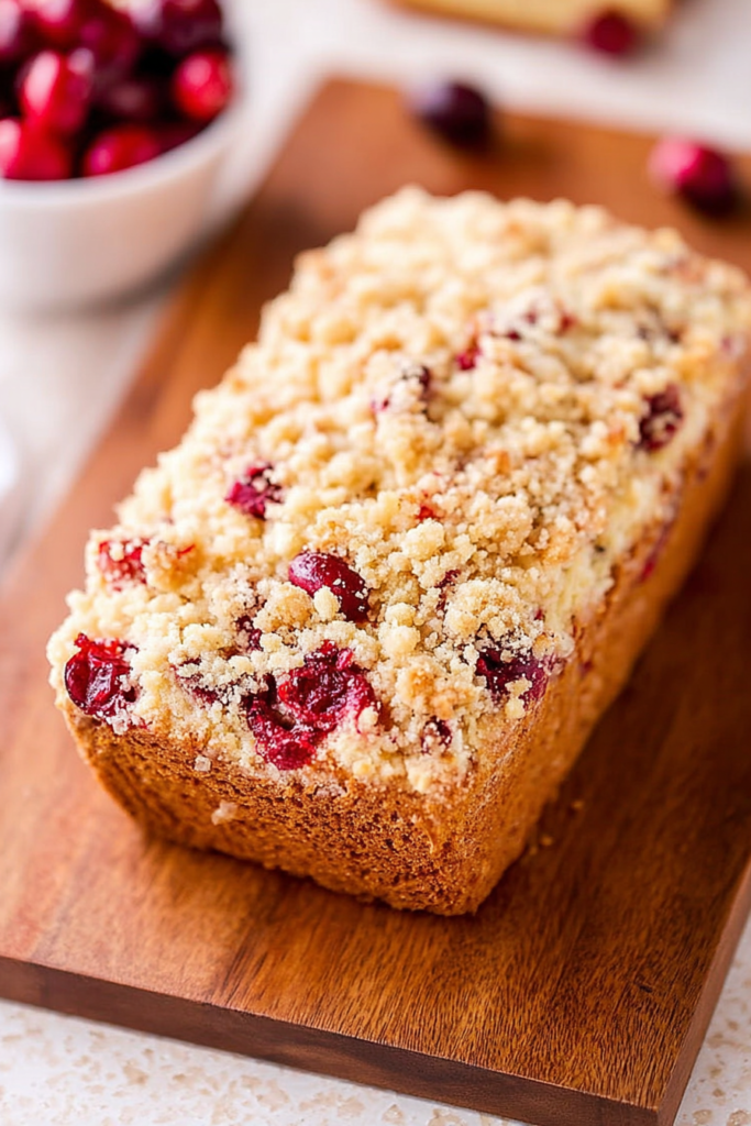 Close-up of a buttery quick bread loaf with cranberries and a crunchy crumb topping on a wooden board.