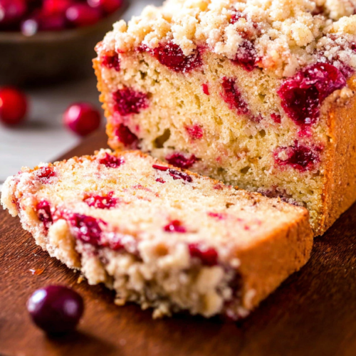 Freshly baked cranberry loaf cake with streusel topping, cut to reveal a soft interior studded with cranberries.