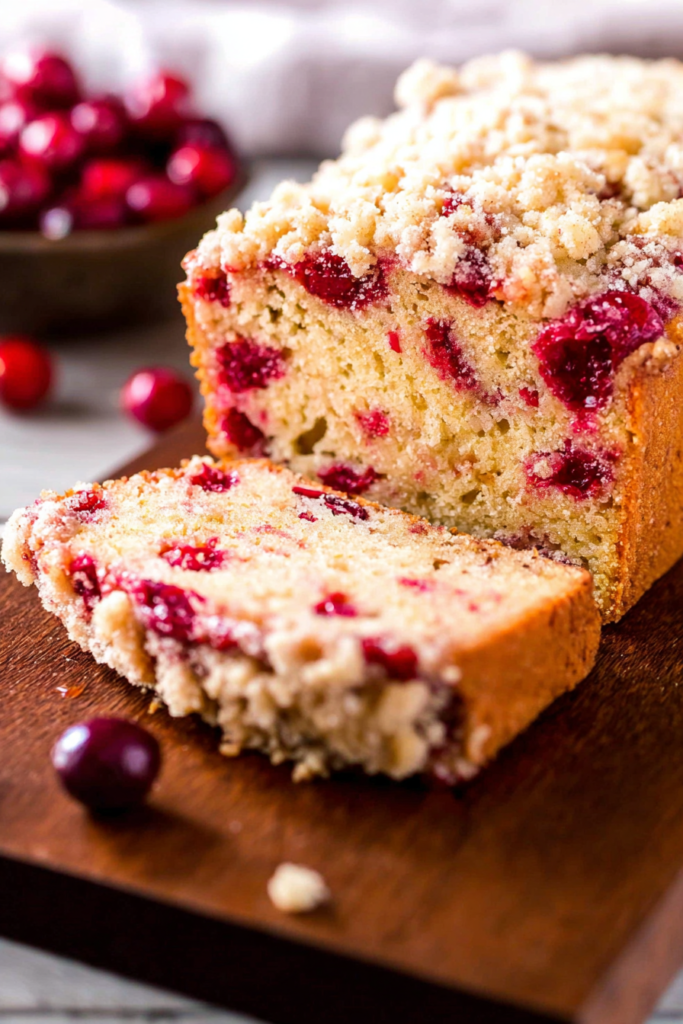 Freshly baked cranberry loaf cake with streusel topping, cut to reveal a soft interior studded with cranberries.