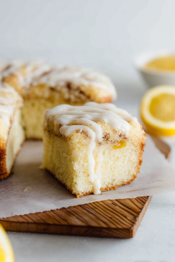 Tender crumb coffee cake with layered cream cheese center and smooth frosting.