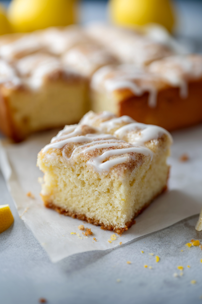 Freshly baked cinnamon coffee cake bars with creamy topping and golden edges.
