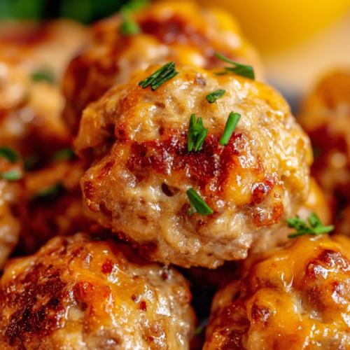 Close-up of crispy, cheesy sausage bites showing their savory texture