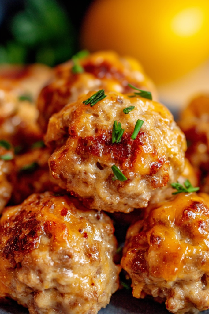 Close-up of crispy, cheesy sausage bites showing their savory texture
