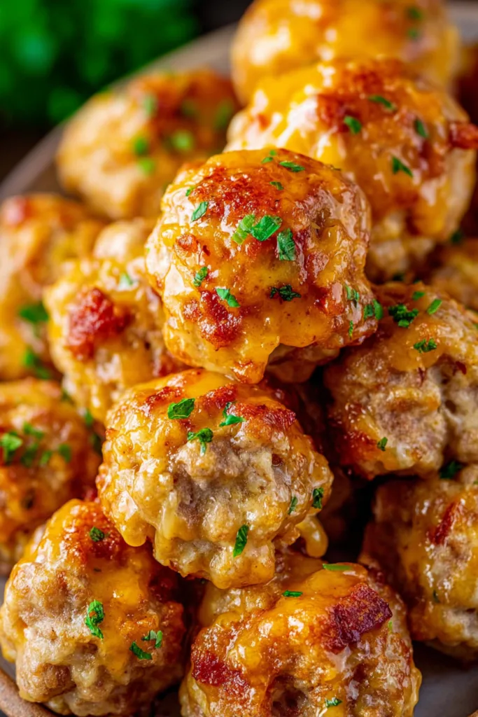 Golden brown sausage balls garnished with fresh parsley on a serving plate
