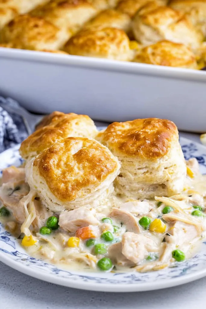 Golden baked biscuits served over creamy chicken with peas and vegetables on a plate.