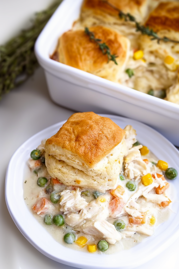 Comfort food dinner featuring tender chicken in a rich sauce with vegetables and baked biscuits.