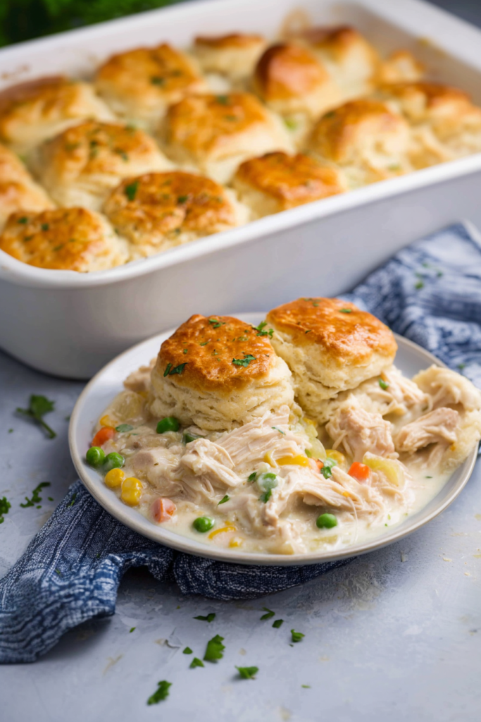 Hearty chicken and vegetable casserole with buttery biscuits on top, ready to serve.