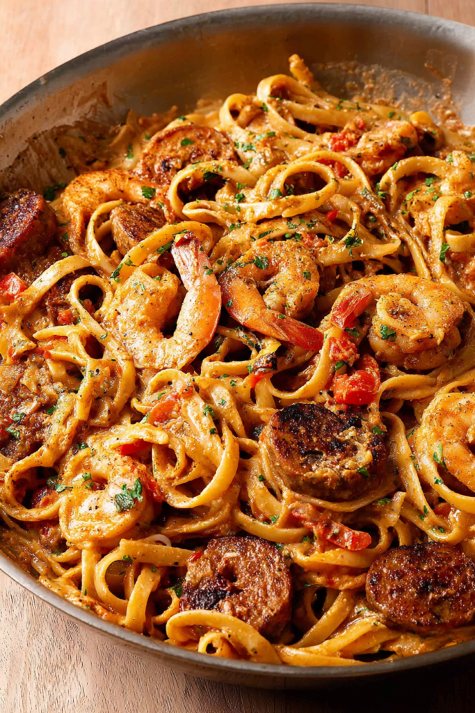 Skillet pasta loaded with smoky sausage, tender shrimp, and fresh herbs