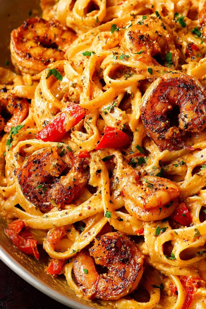 Fettuccine tossed with seared shrimp, sliced sausage, and a rich spiced cream sauce