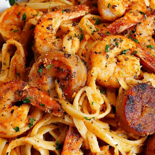 Close-up of pasta coated in creamy Cajun-style sauce with shrimp and bell peppers