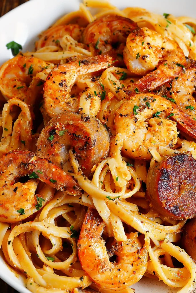 Close-up of pasta coated in creamy Cajun-style sauce with shrimp and bell peppers
