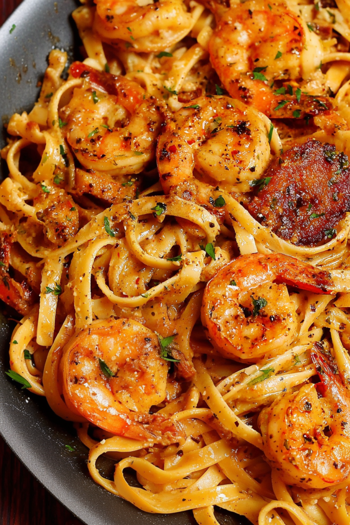 Golden noodles mixed with shrimp, sausage, and peppers in a savory Southern-inspired sauce