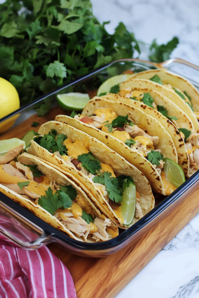 Soft flour tortillas filled with shredded chicken, melted cheese, and fresh cilantro.
