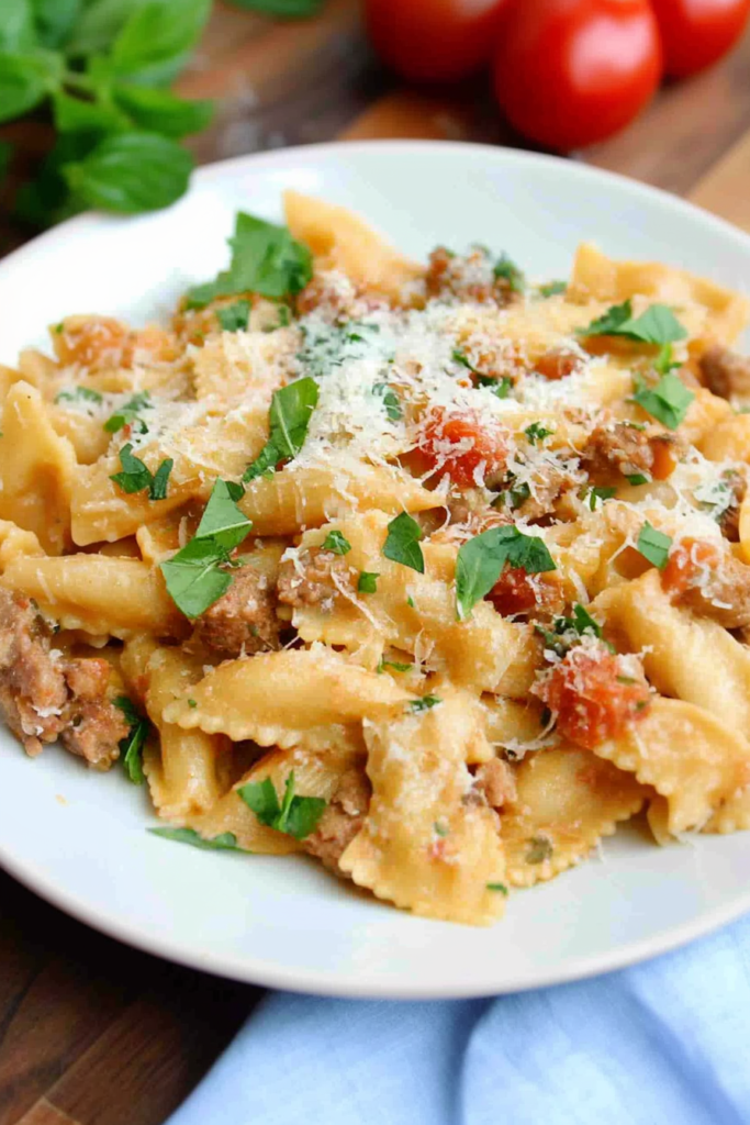 Bow-tie pasta coated in a rich tomato cream sauce with fresh parsley.