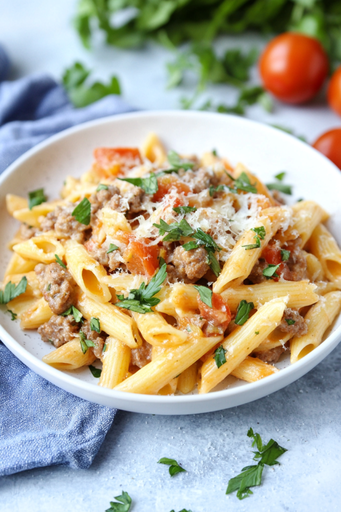 Hearty pasta dish with visible chunks of tomato and meat in the sauce.