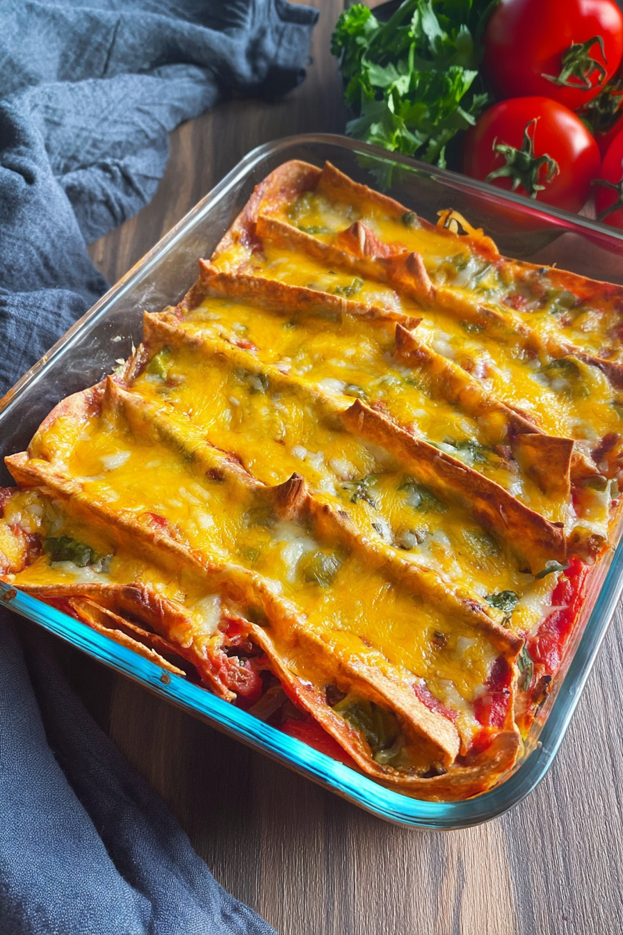 Cheesy layered tortilla bake with golden brown tops and colorful peppers and tomatoes.