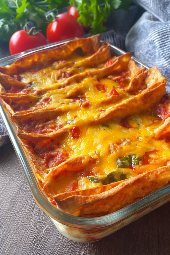 Oven-baked Mexican-style casserole with crinkled tortillas, melted cheddar, and fresh herbs in the background.