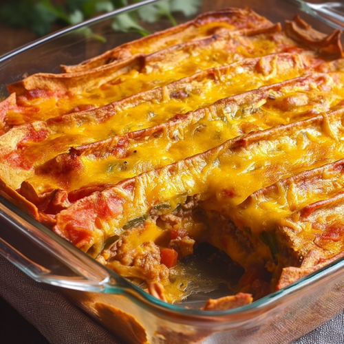 Baked tortilla casserole with crispy folded edges, melted cheese, and diced tomatoes in a glass dish.