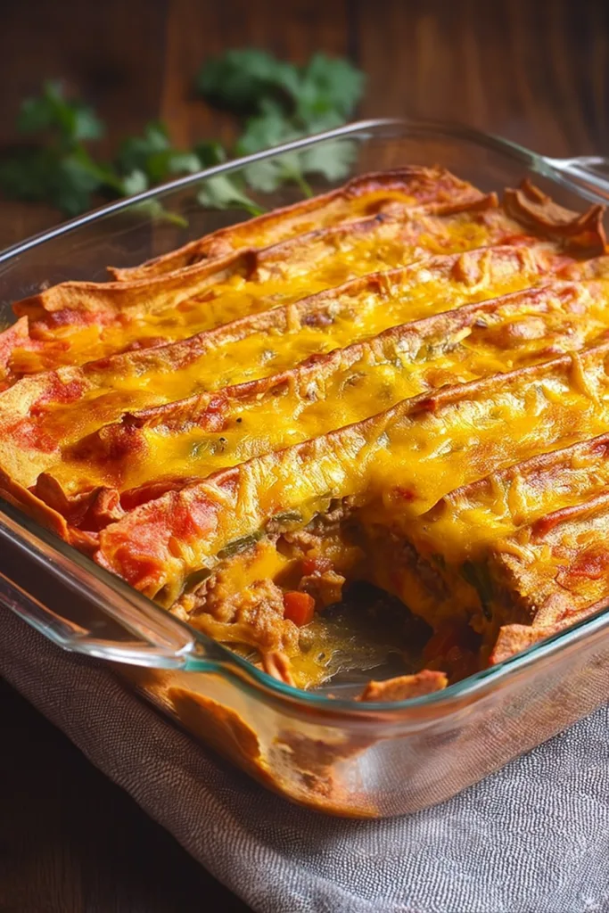 Baked tortilla casserole with crispy folded edges, melted cheese, and diced tomatoes in a glass dish.