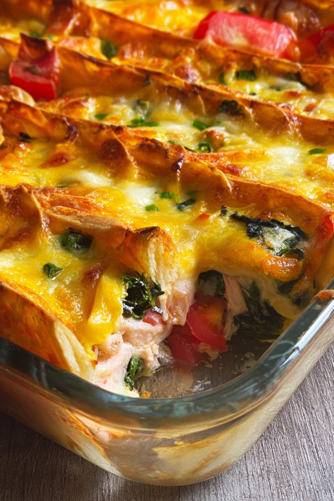 Close-up of a crispy tortilla and cheese dish fresh from the oven in a square baking pan.