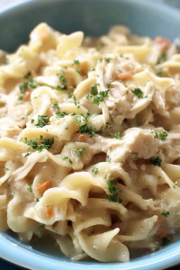 Close-up of a comforting bowl of creamy chicken and noodles with parsley garnish.
