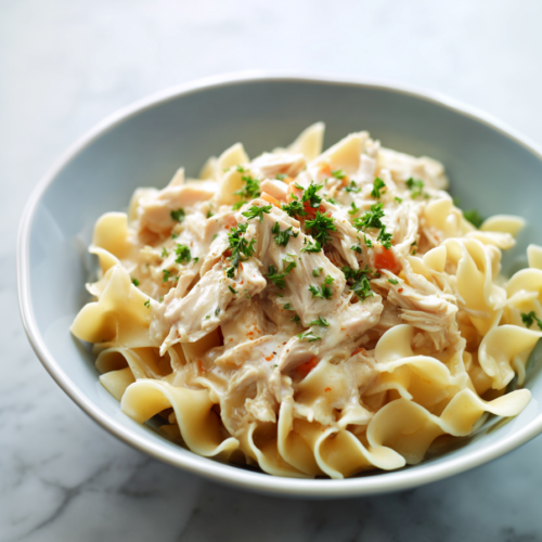 Creamy shredded chicken served over tender egg noodles with herbs on top.