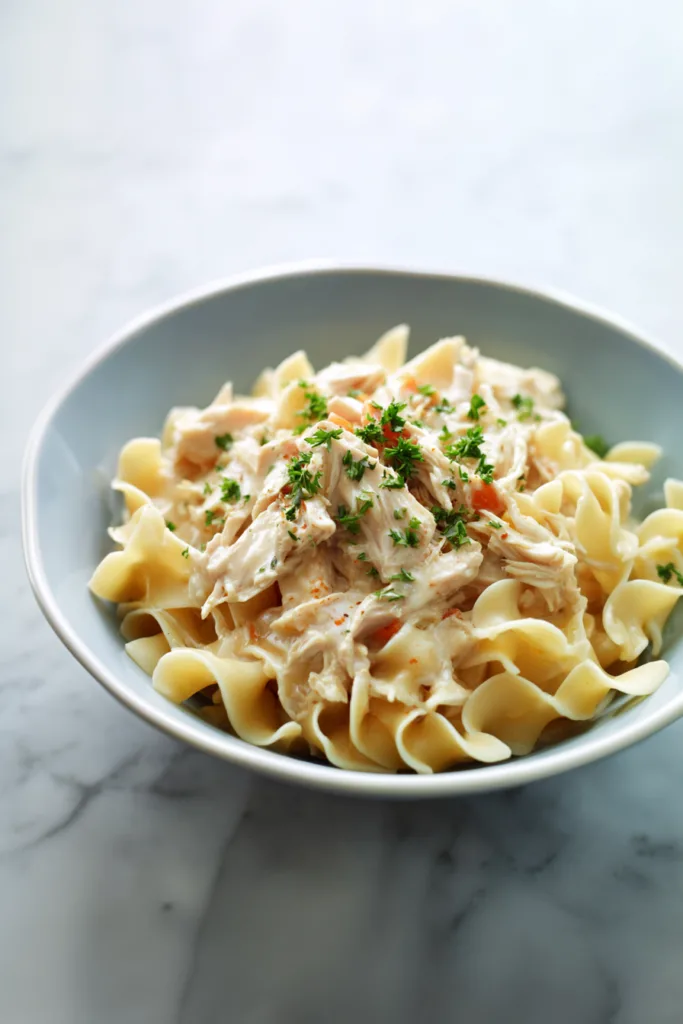 Creamy shredded chicken served over tender egg noodles with herbs on top.