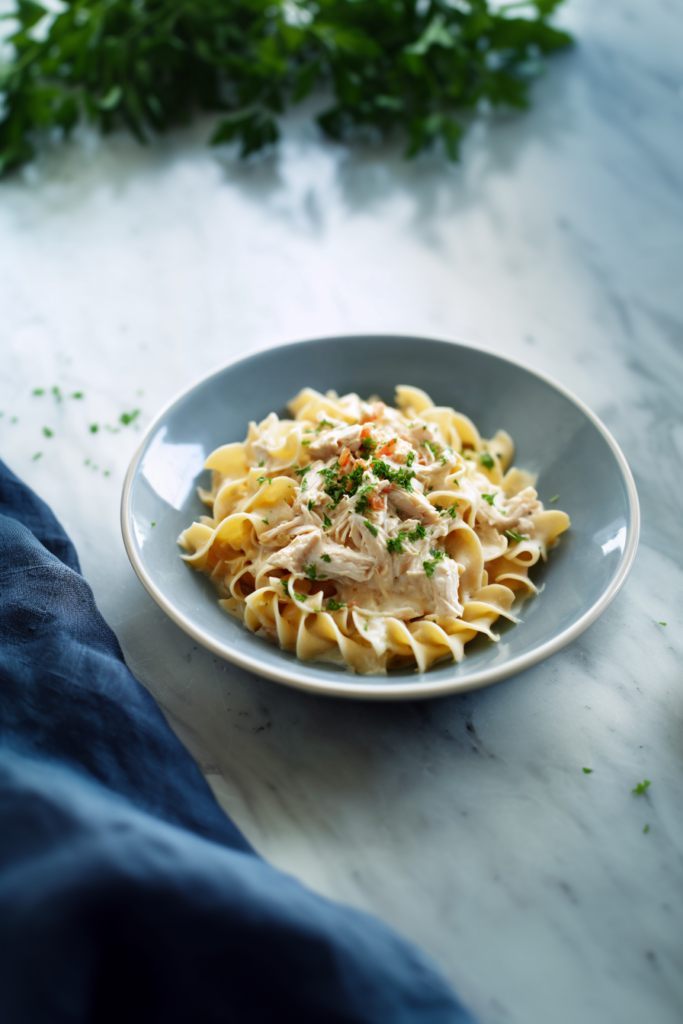 Warm bowl of creamy noodles and shredded chicken ready to serve.