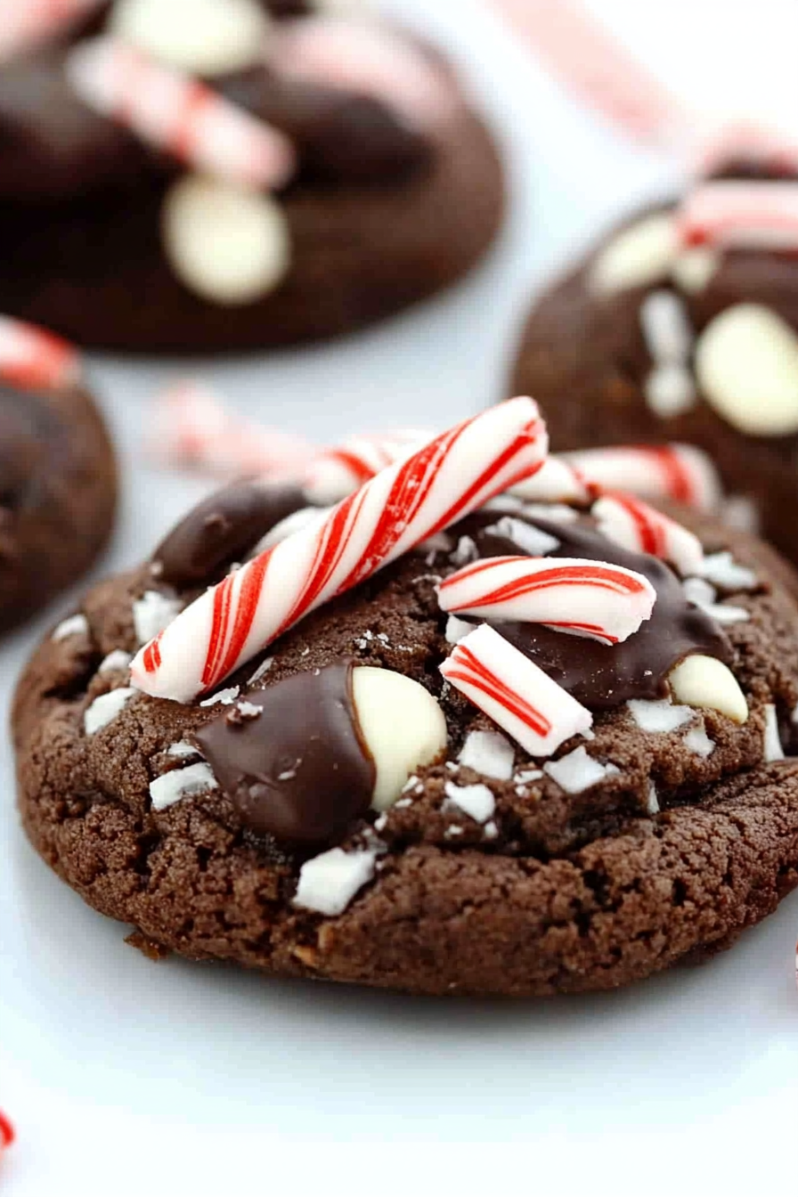 Soft chocolate cookie topped with crushed candy canes, white chocolate chips, and a drizzle of melted dark chocolate.