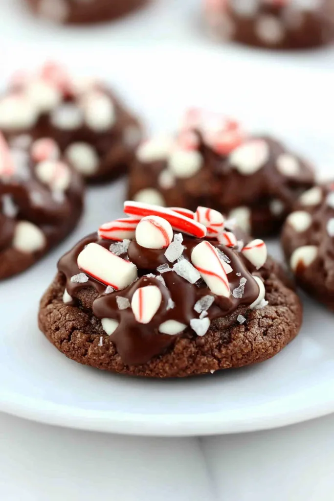 Rich cocoa cookie loaded with white chocolate chunks and festive red-and-white candy cane bits.