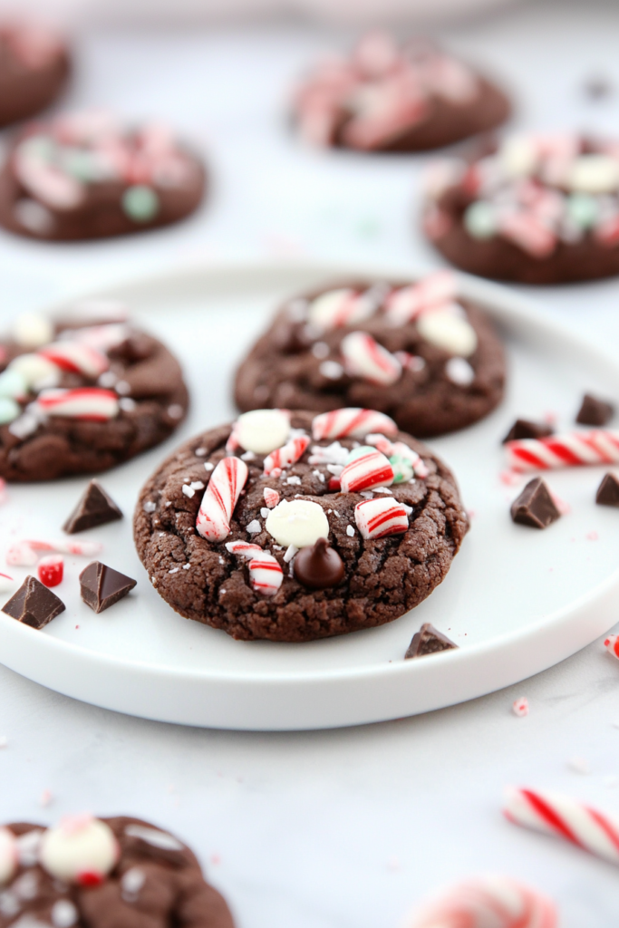 Thick bakery-style cookie with melted chocolate pools and crushed peppermint sprinkled over the surface.