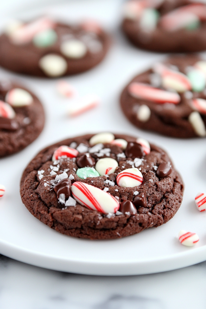 Chewy chocolate cookie decorated with peppermint sticks and white chocolate for a festive touch.