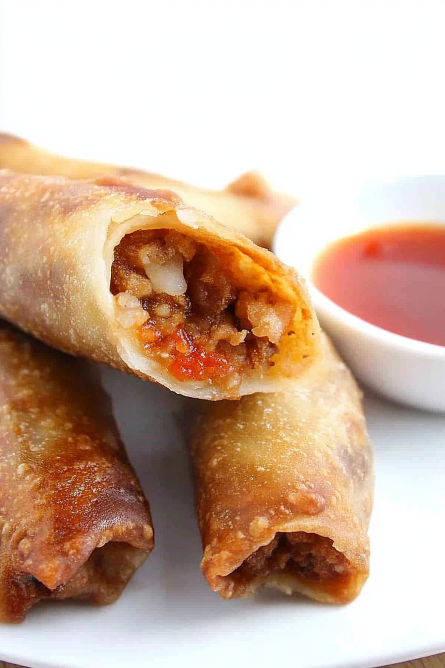 Crispy golden egg rolls sliced open, showing a savory meat and vegetable filling with sweet chili dipping sauce on the side.
