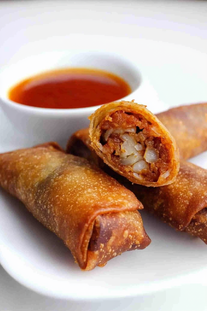 Plate of crispy appetizer rolls with bubbling golden texture and sweet dipping sauce in the background.