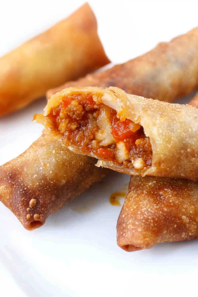 Close-up of freshly fried egg rolls with crunchy wrappers and flavorful filling served on a white plate.