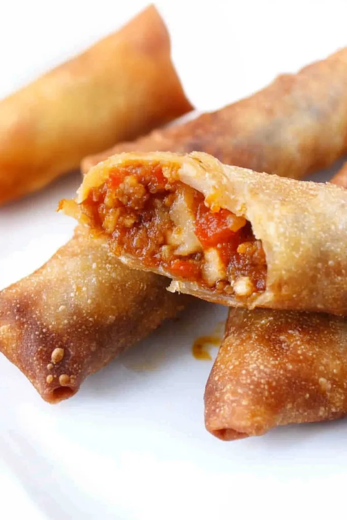 Close-up of freshly fried egg rolls with crunchy wrappers and flavorful filling served on a white plate.