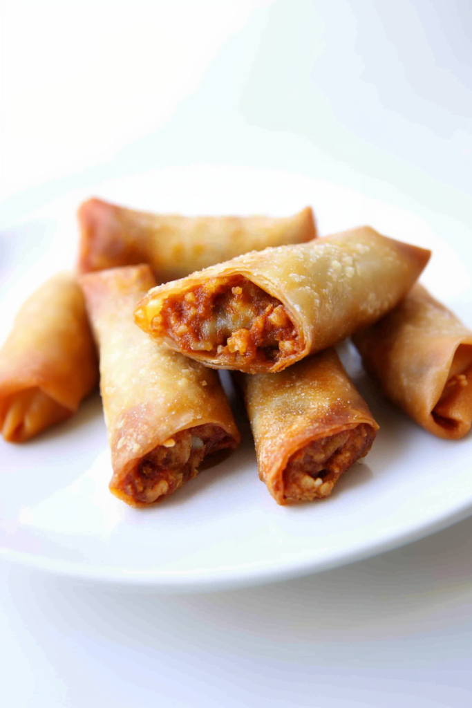Crunchy fried rolls with a juicy pork and vegetable center, photographed in bright natural light.