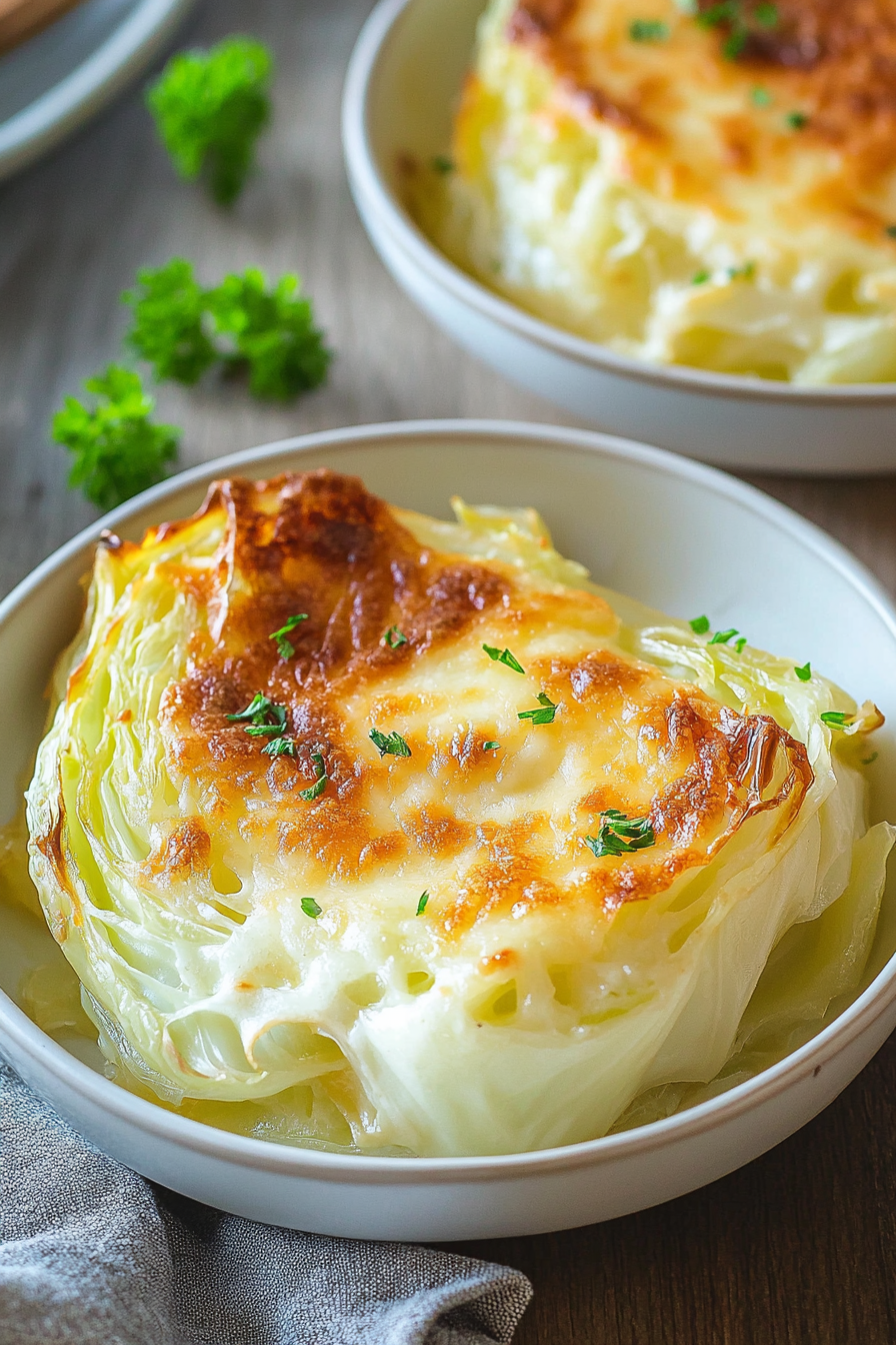 Crispy, browned cheese topping over tender cabbage served in a white bowl.