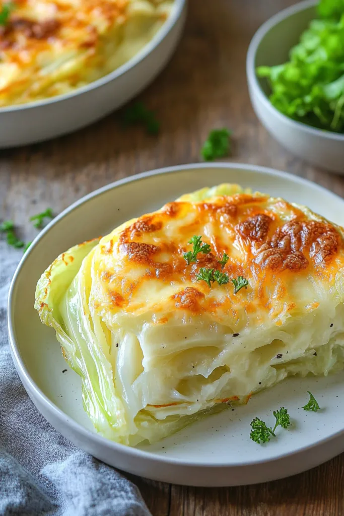 Escalloped cabbage dish with rustic presentation, sprigs of fresh parsley nearby.