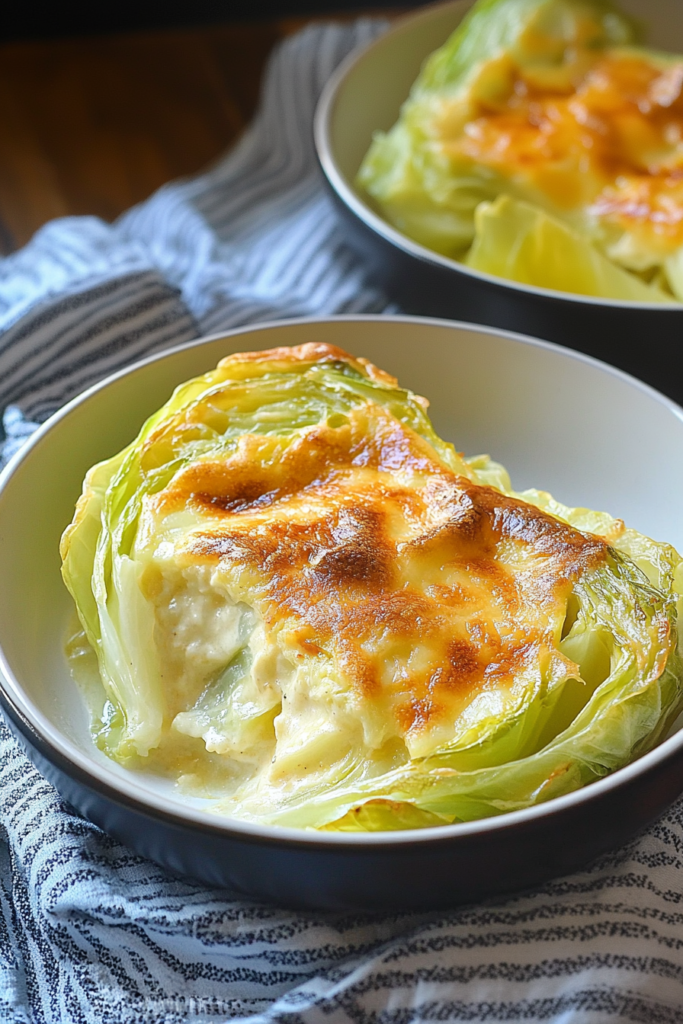 Cheese-crusted cabbage wedge highlighting its texture and homestyle appeal.